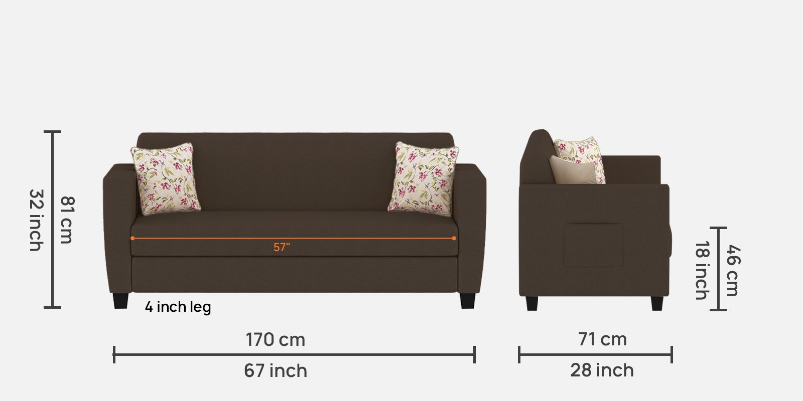 Gozi Fabric 3 Seater Sofa In Coffee Brown Colour