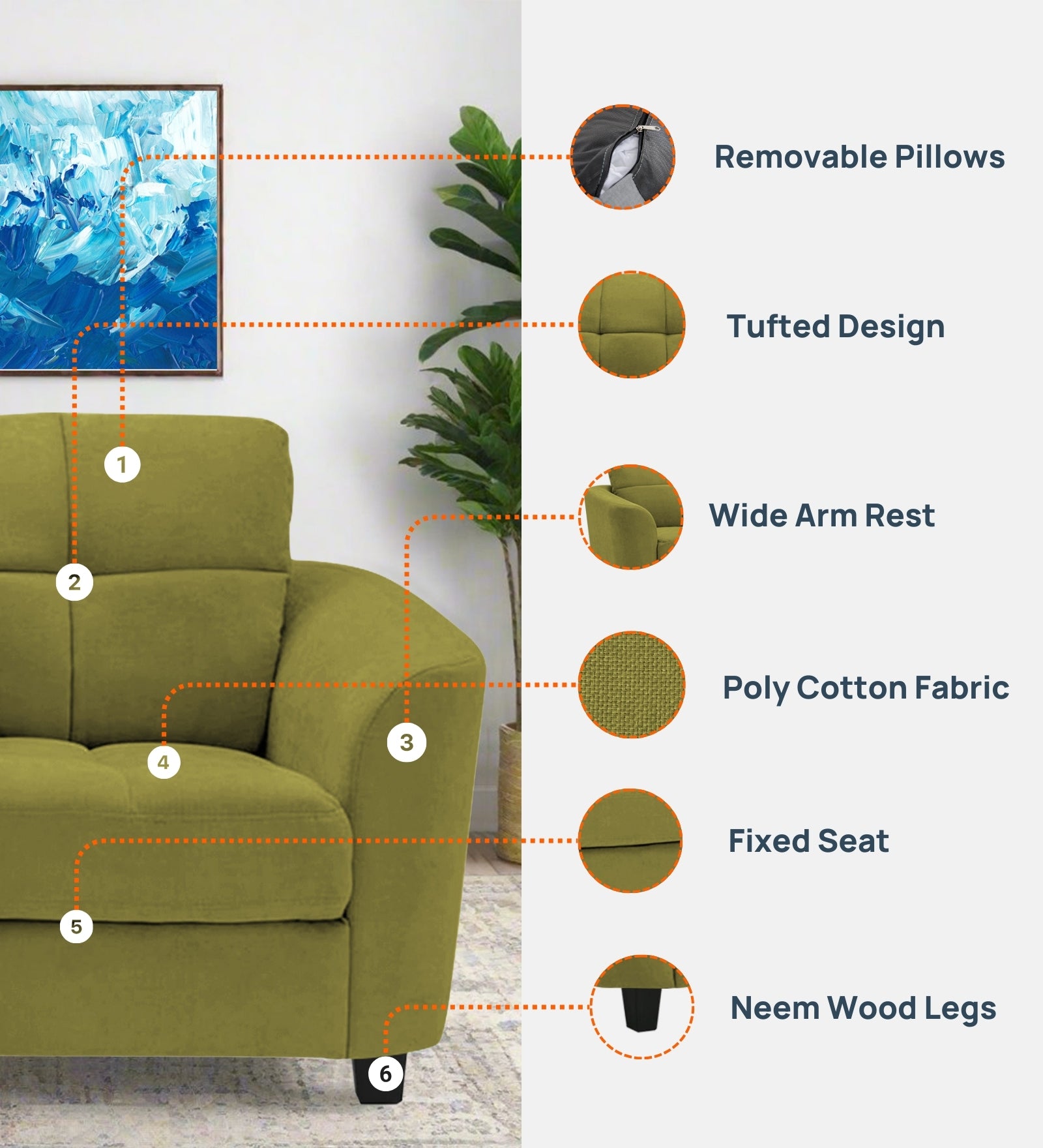 Mulan Fabric 1 Seater Sofa in Sage Green Colour