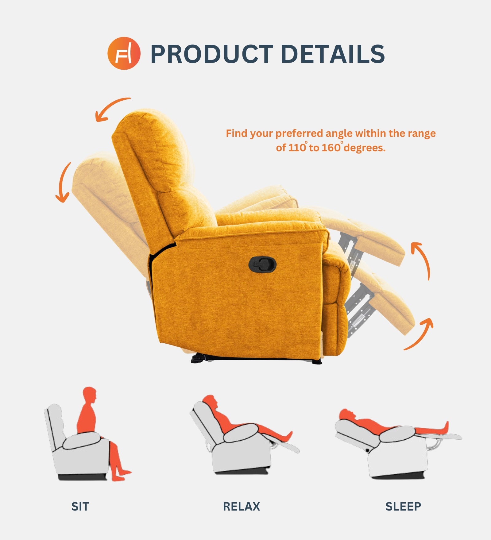 Abby Fabric Manual 1 Seater Recliner In Vivid Orange Colour