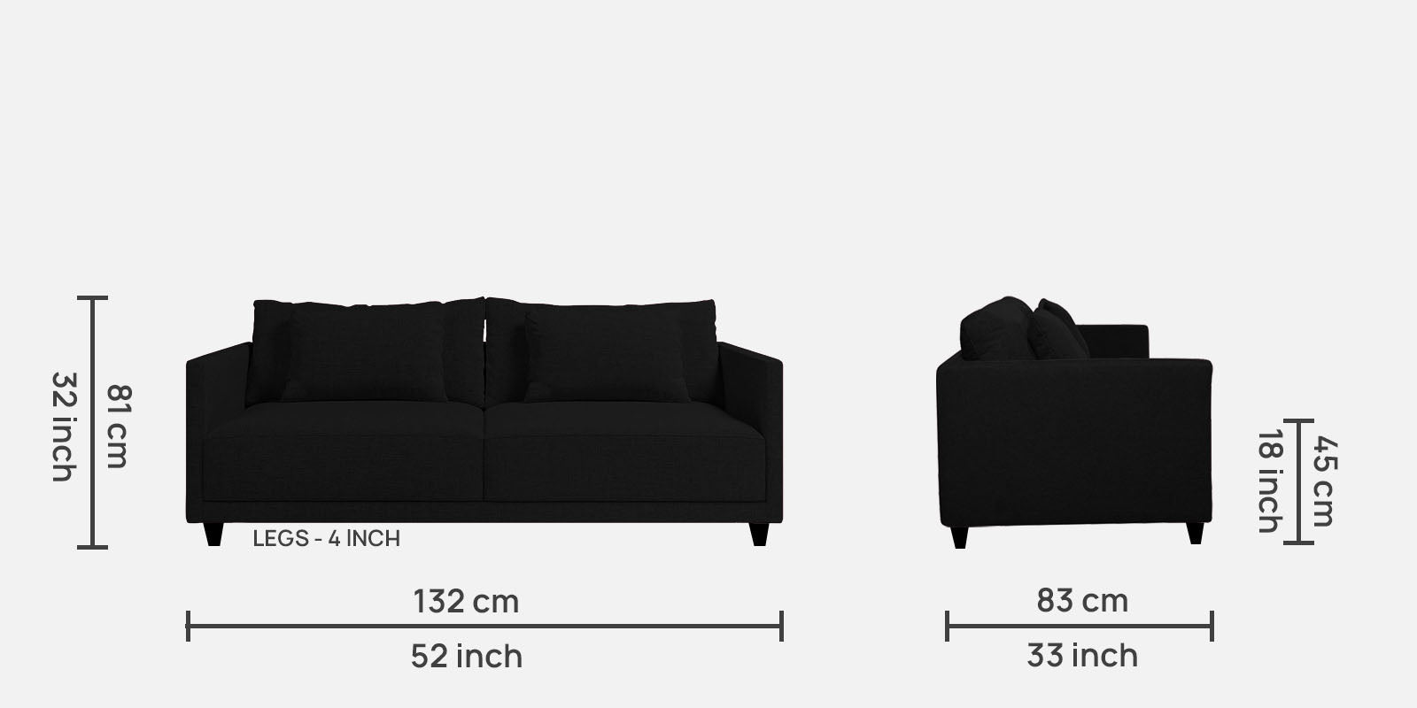 Kera Fabric 2 Seater Sofa in Zed Black Colour