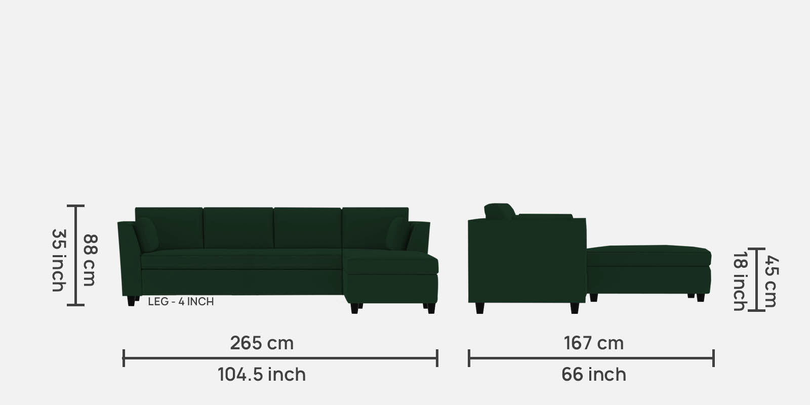 Bristo Velvet LHS Sectional Sofa 4 Seater + Ottoman  in Forest Green Colour