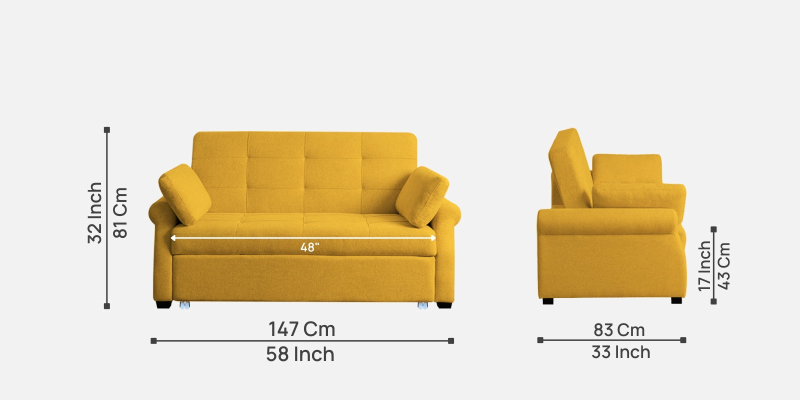 Fornia Fabric 2 Seater Pull Out Sofa Cum Bed In Bold Yellow Colour