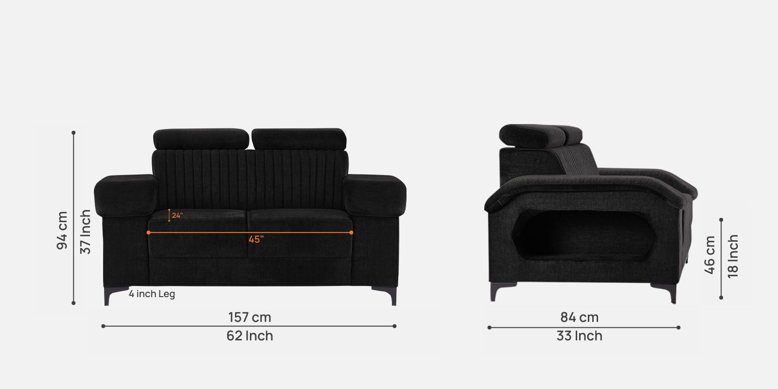 Draco Fabric 2 Seater Sofa in Heather Black Colour