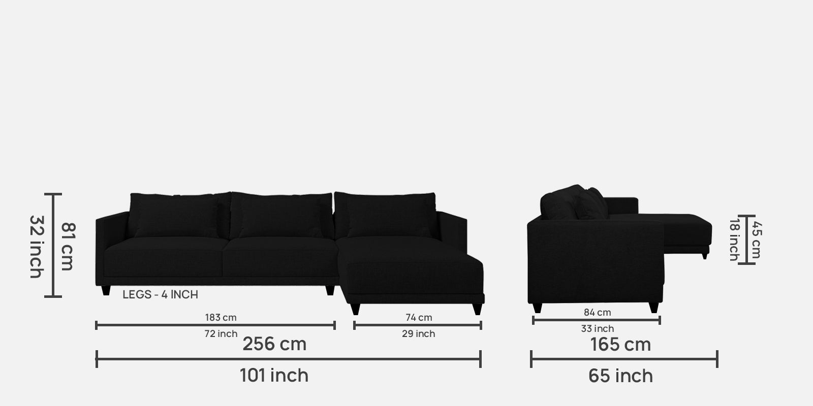 Kera Fabric LHS Sectional Sofa (3+Lounger) In Zed Black Colour