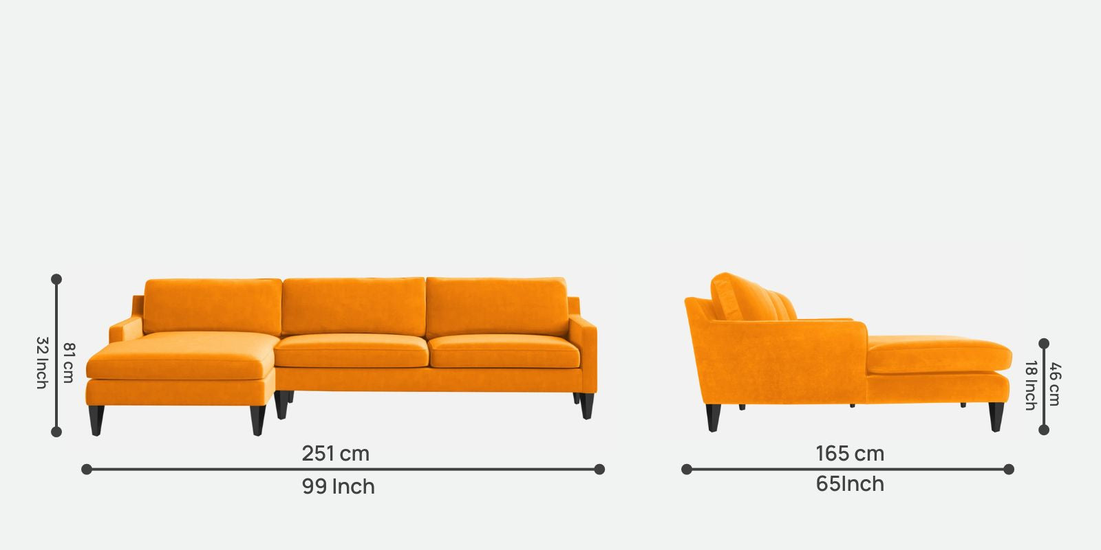 Jones Velvet RHS Sectional Sofa (3+Lounger) In Saffron yellow Colour