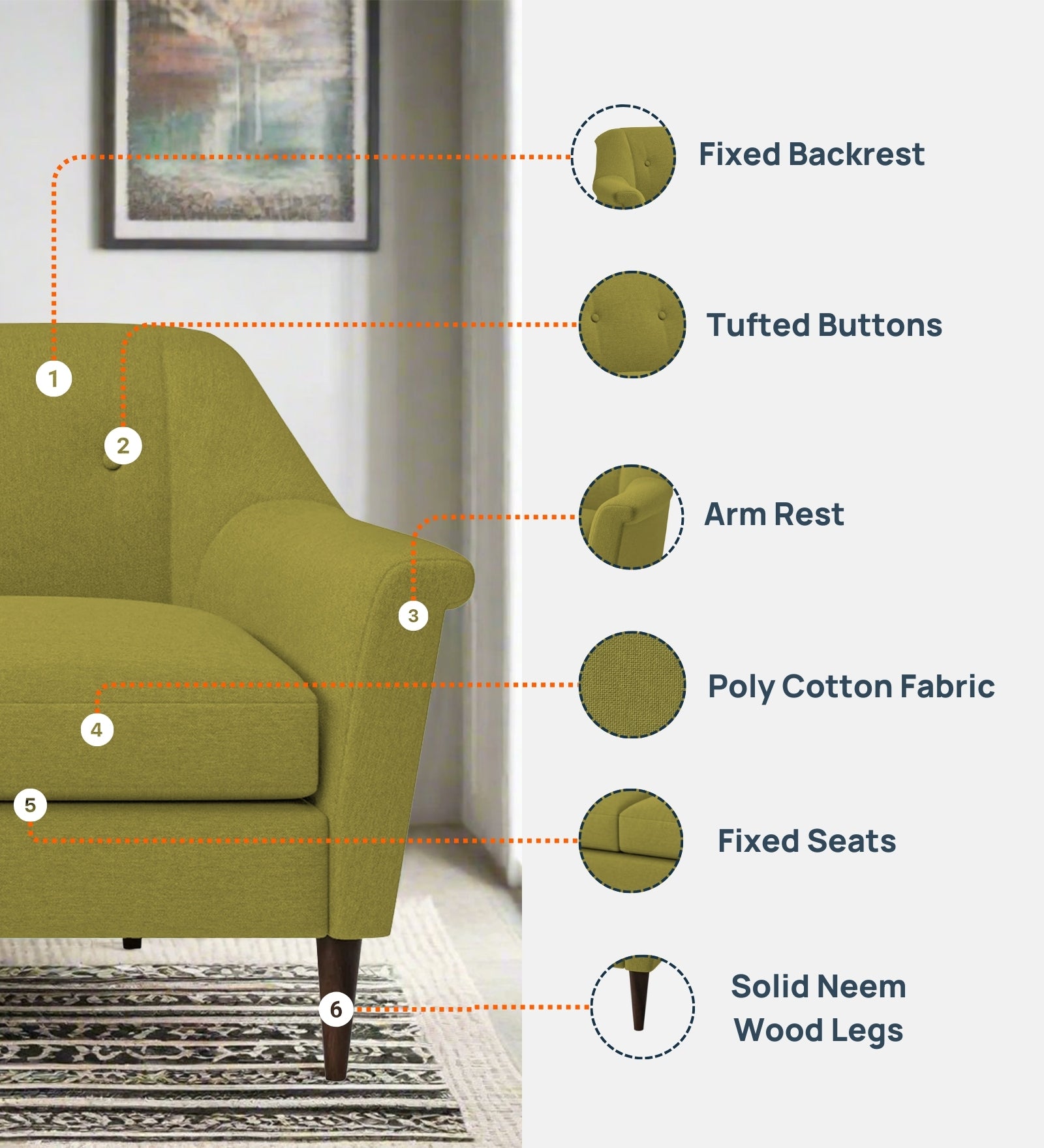 Homer Fabric 1 Seater Sofa in Sage Green Colour