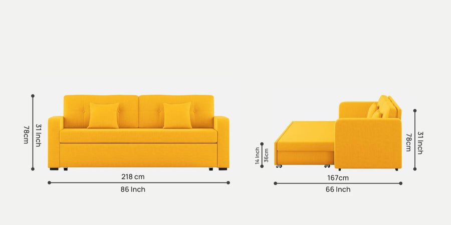 Rocky Fabric 3 Seater Pull Out Sofa Cum Bed In Bold Yellow Colour With Storage - Febonic Living