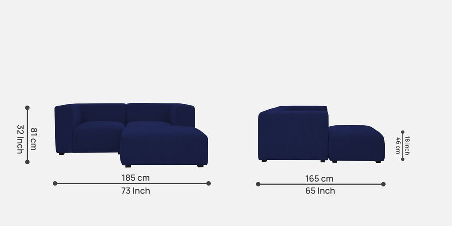Dora Velvet Lhs Sectional Sofa 2 Ottoman Lounger In Indigo Blue Colour - Febonic Living