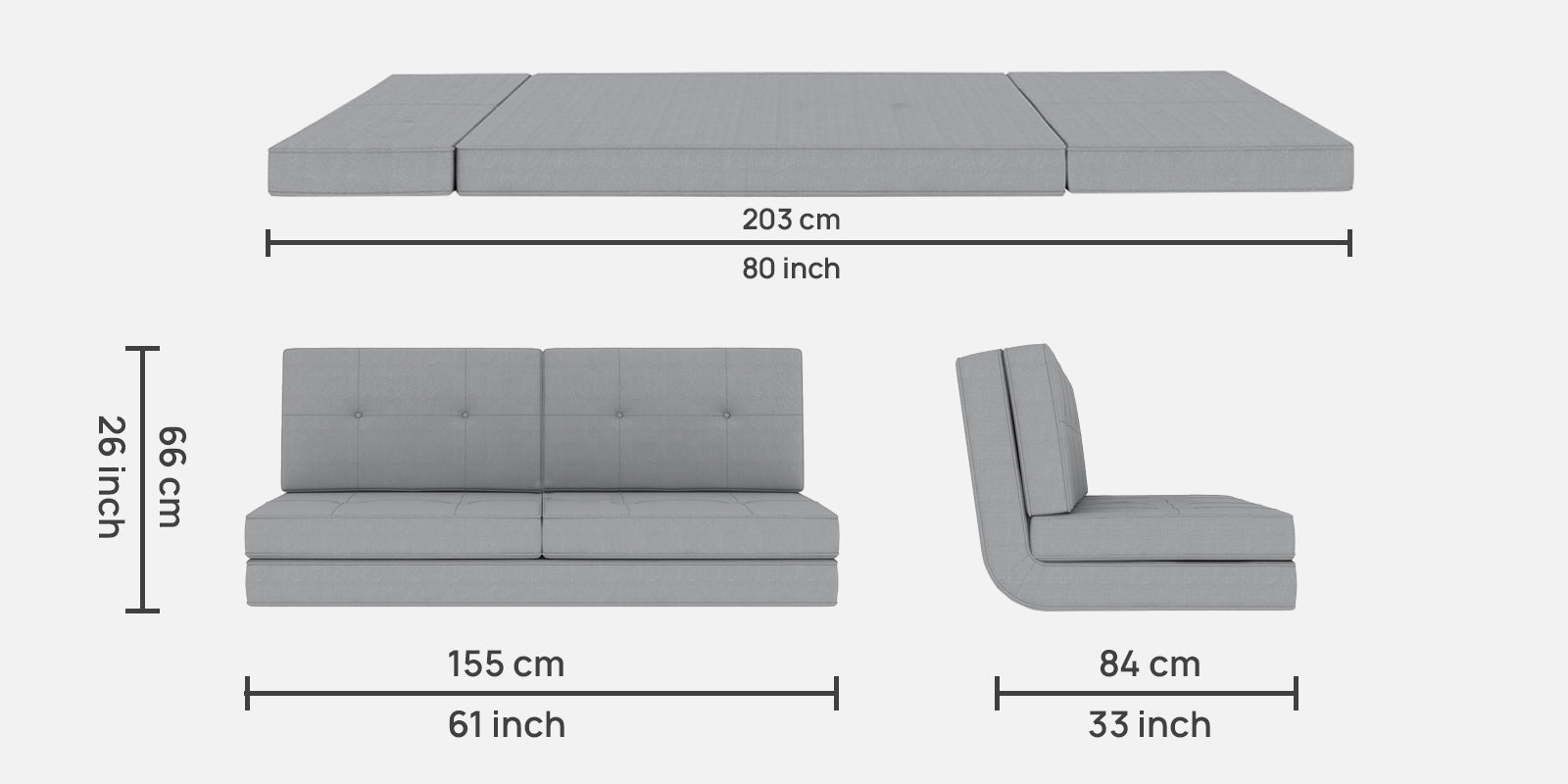 Cora Fabric 2 Seater Futon Sofa Cum Bed in lit-grey Colour