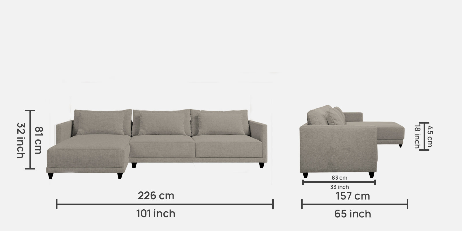 Kera Fabric RHS Sectional Sofa (3+Lounger) In Lit Grey Colour