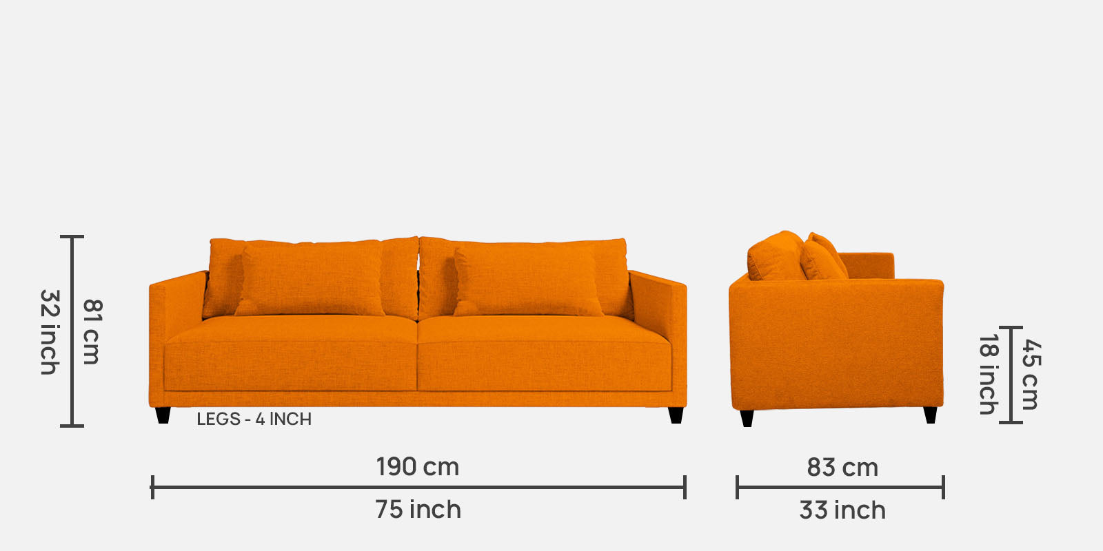 Kera Fabric 3 Seater Sofa in Vivid Orange Colour