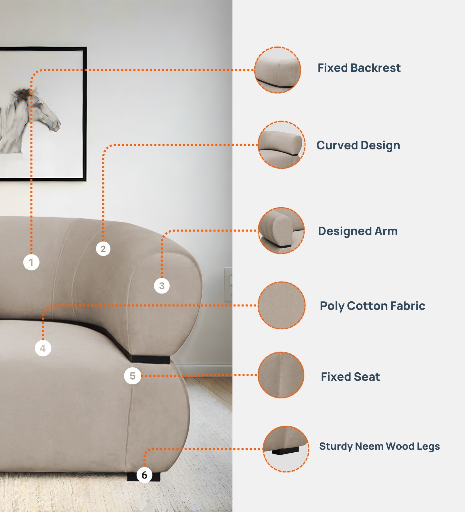 Kula Velvet 1 Seater Sofa In Warm white Colour