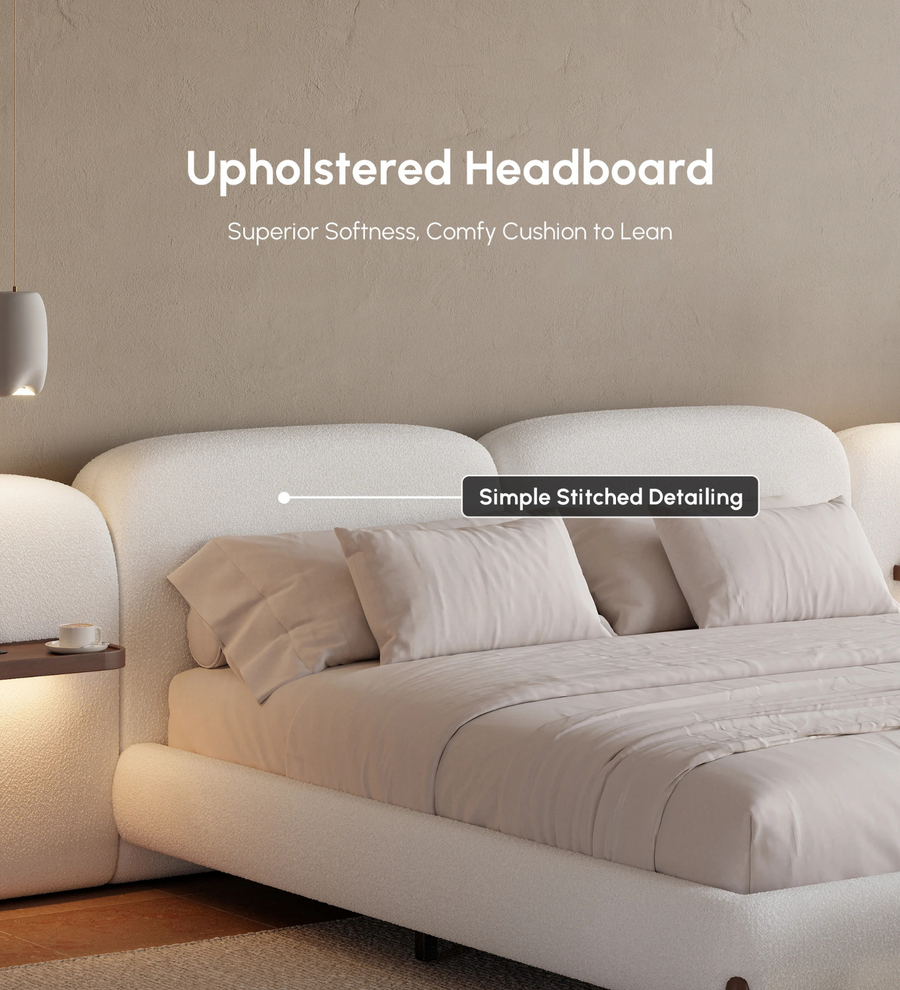 Waru Boucle Upholstered King Size Bed In Shell White Colour - Febonic Living