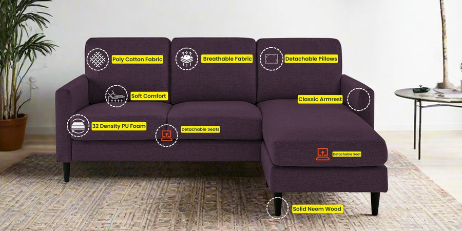 Romie Fabric Lhs Sectional Sofa 2 Lounger In Greek Purple Colour - Febonic Living
