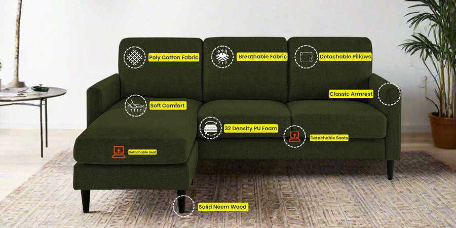 Romie Fabric Rhs Sectional Sofa 2 Lounger In Olive Green Colour - Febonic Living