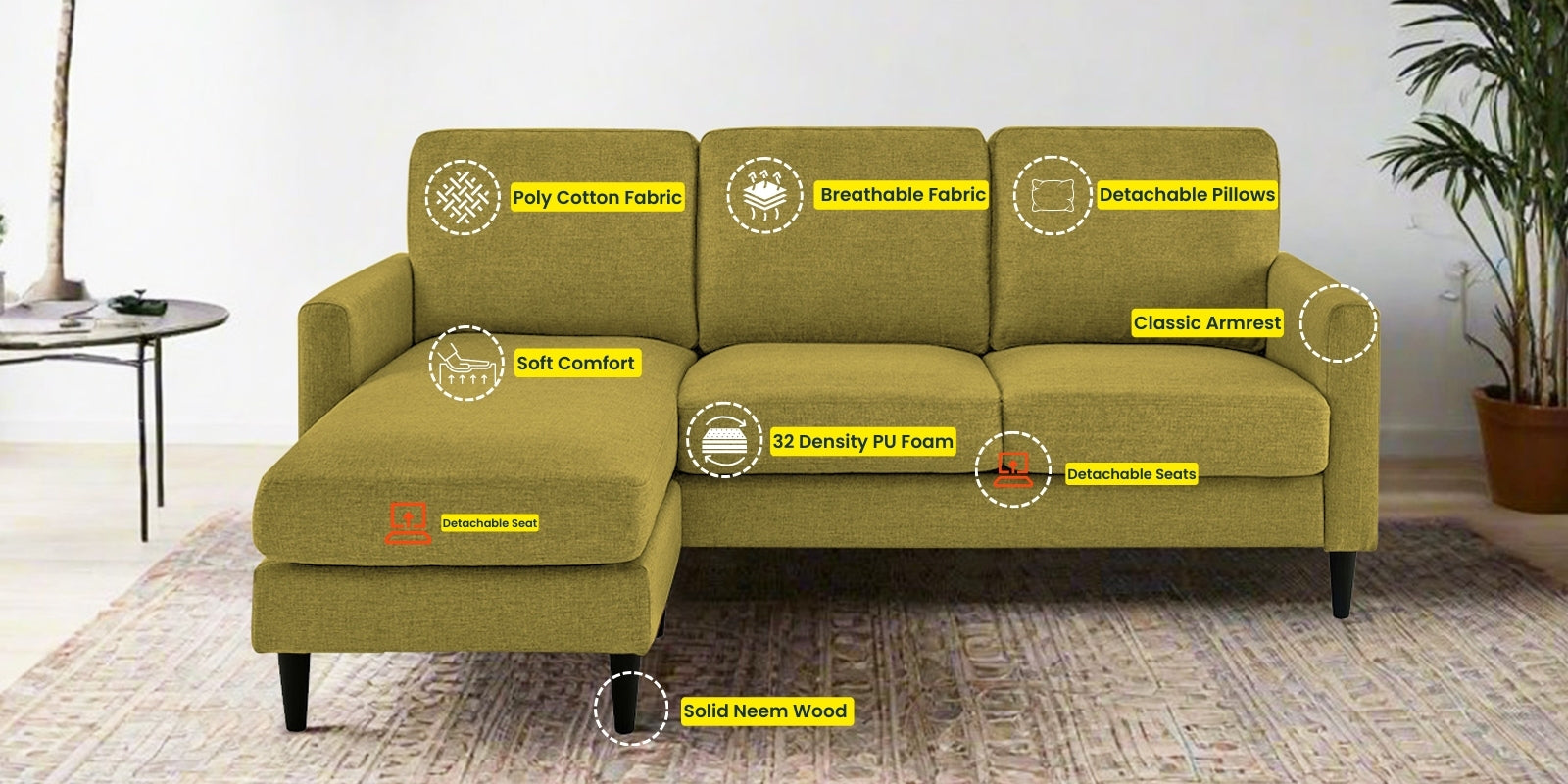 Romie Fabric RHS Sectional Sofa (2+Lounger) In Parrot Green Colour - Febonic Living