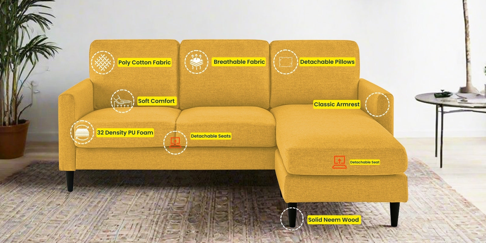 Romie Fabric LHS Sectional Sofa (2+Lounger) In Bold Yellow Colour - Febonic Living