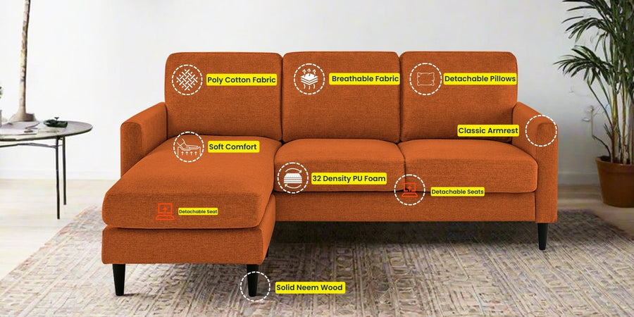 Romie Fabric Rhs Sectional Sofa 2 Lounger In Vivid Orange Colour - Febonic Living