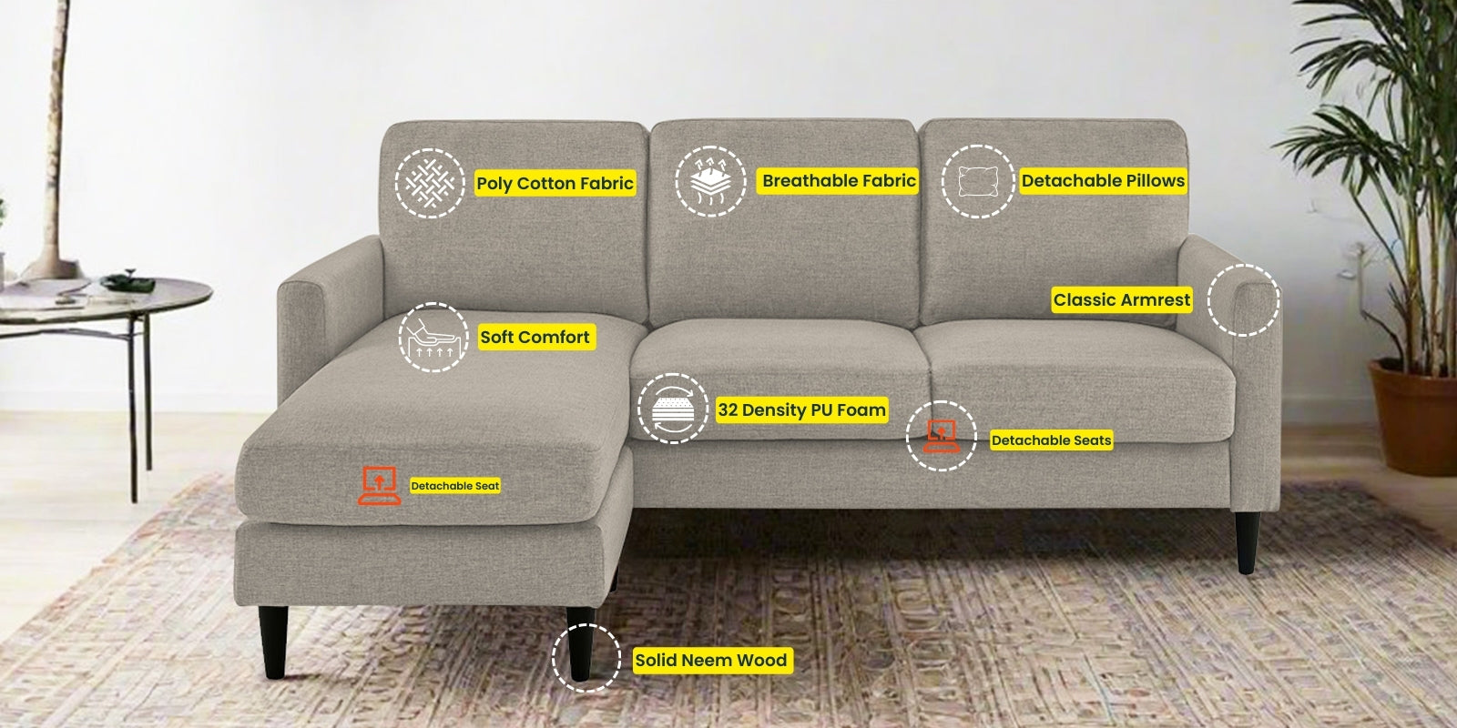 Romie Fabric RHS Sectional Sofa (2+Lounger) in Ash Grey Colour - Febonic Living