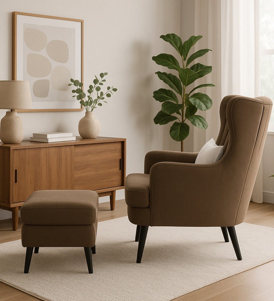 Niya Velvet Wing Chair In Mocha Mouse Colour With Ottoman - Febonic Living