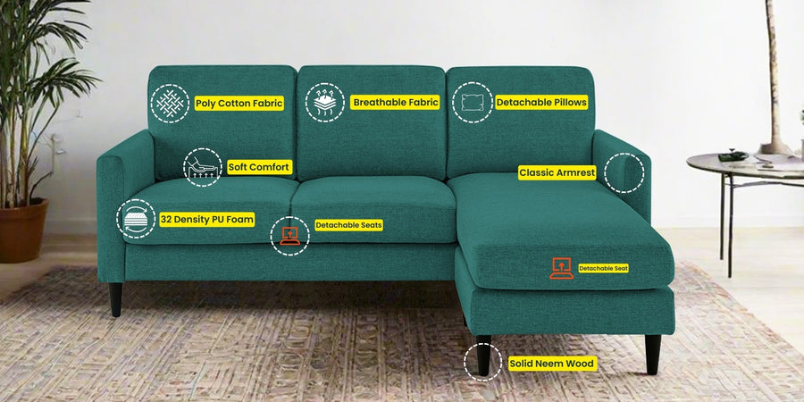 Romie Fabric Lhs Sectional Sofa 2 Lounger In Sea Green Colour - Febonic Living
