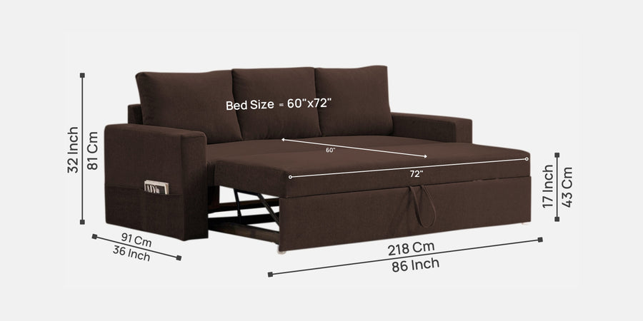 Kara Fabric 3 Seater Pull Out Sofa Cum Bed In Coffee Brown Colour - Febonic Living