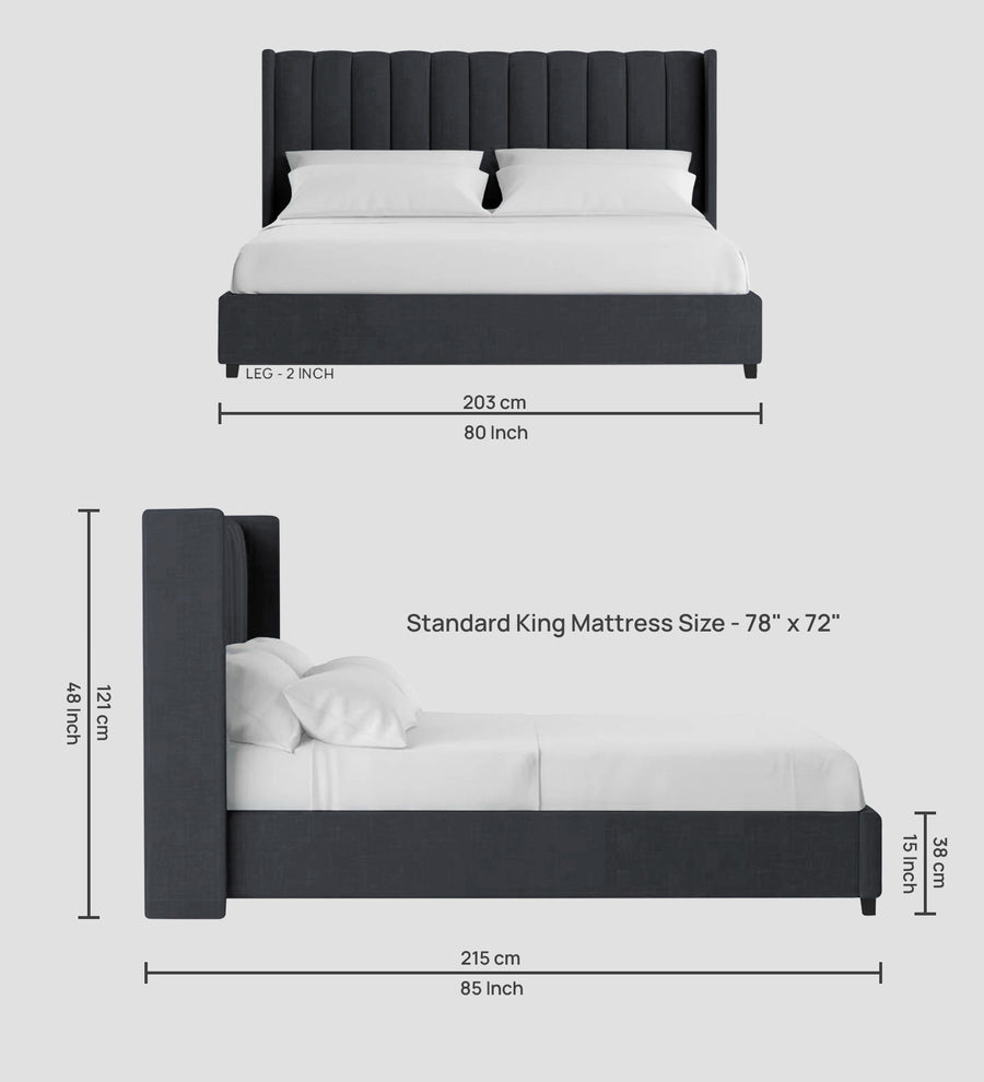 Colina Fabric Upholstered King Size Bed In Charcoal Grey Colour With Box Storage - Febonic Living