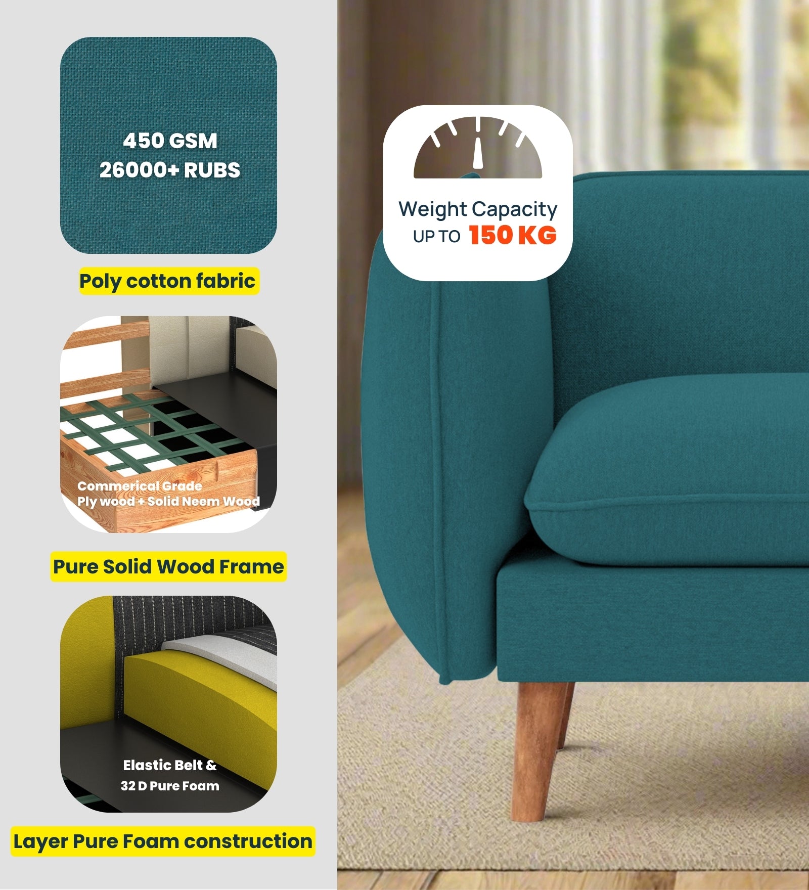 Reva Fabric 1 Seater Sofa In  Silver Grey Colour - Febonic Living