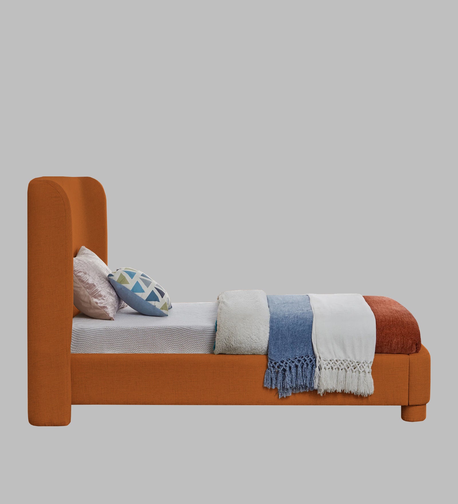 Lenny Fabric Upholstered Single Bed in Vivid Orange Colour - Febonic Living