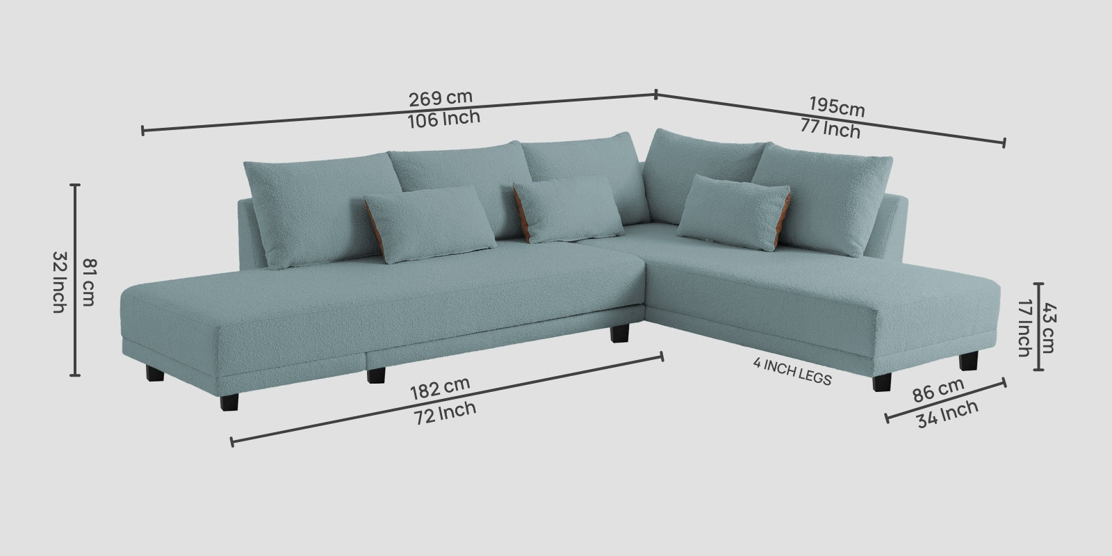 Ira Boucle Fabric LHS 6 Seater Convertible Sofa Cum Bed In Stormy Blue Colour - Febonic Living