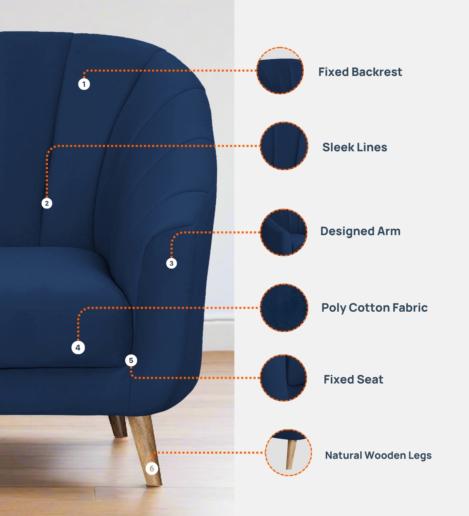 Nancy Velvet 1 Seater Sofa in Dark Blue Colour