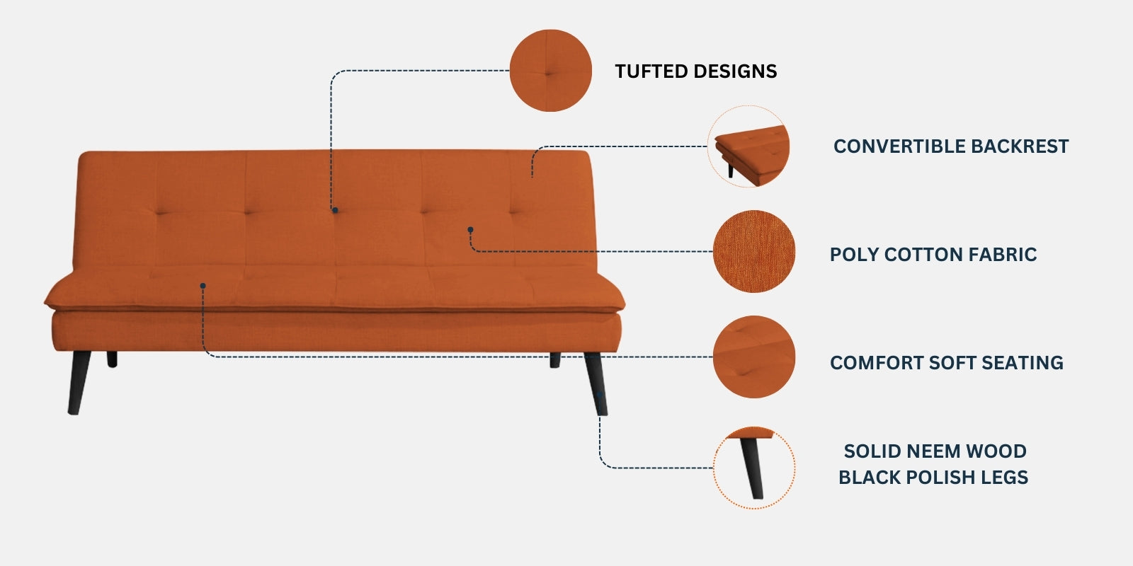 Toner Fabric Convertible Sofa Cum Bed In Vivid Orange Colour