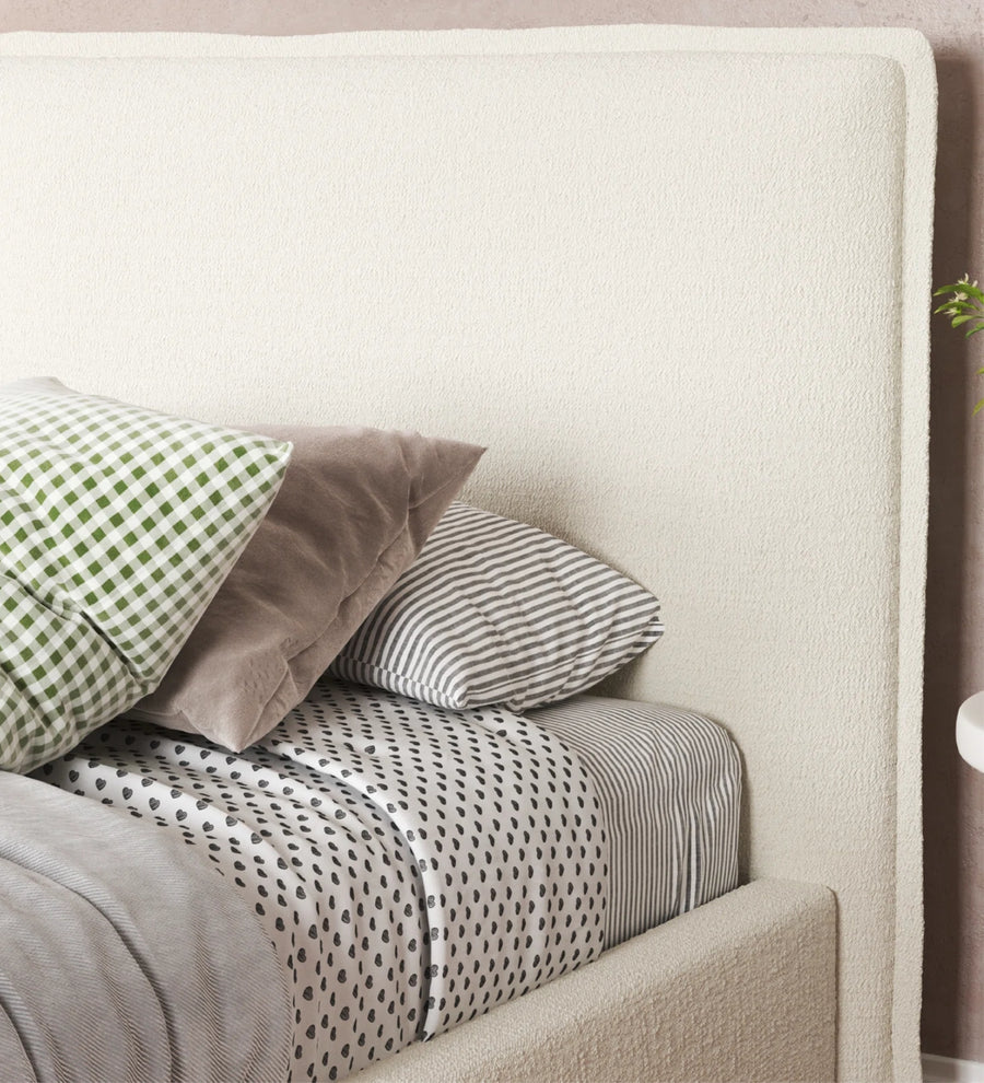 Jiva Boucle Upholstered Single Size Bed In Shell White Colour - Febonic Living