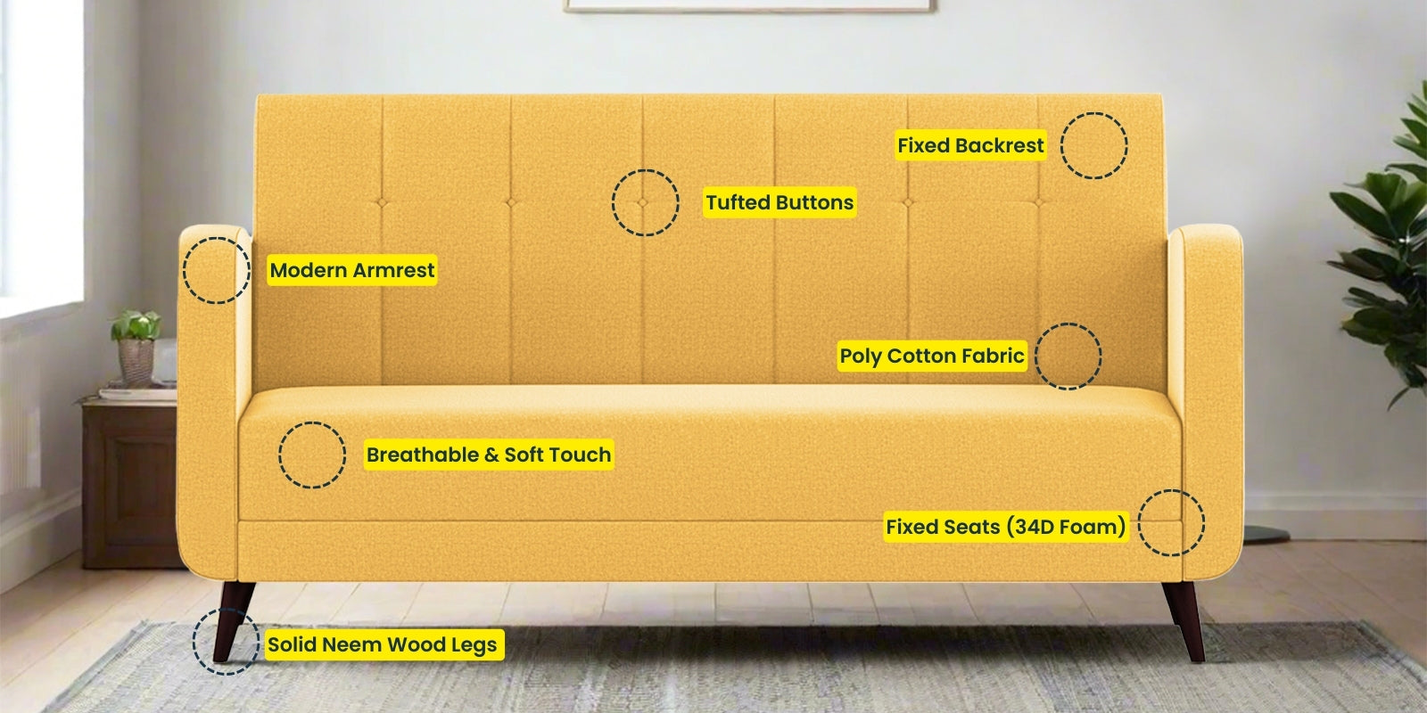 Wiki Velvet 3 Seater Sofa in Safforn Yellow Colour
