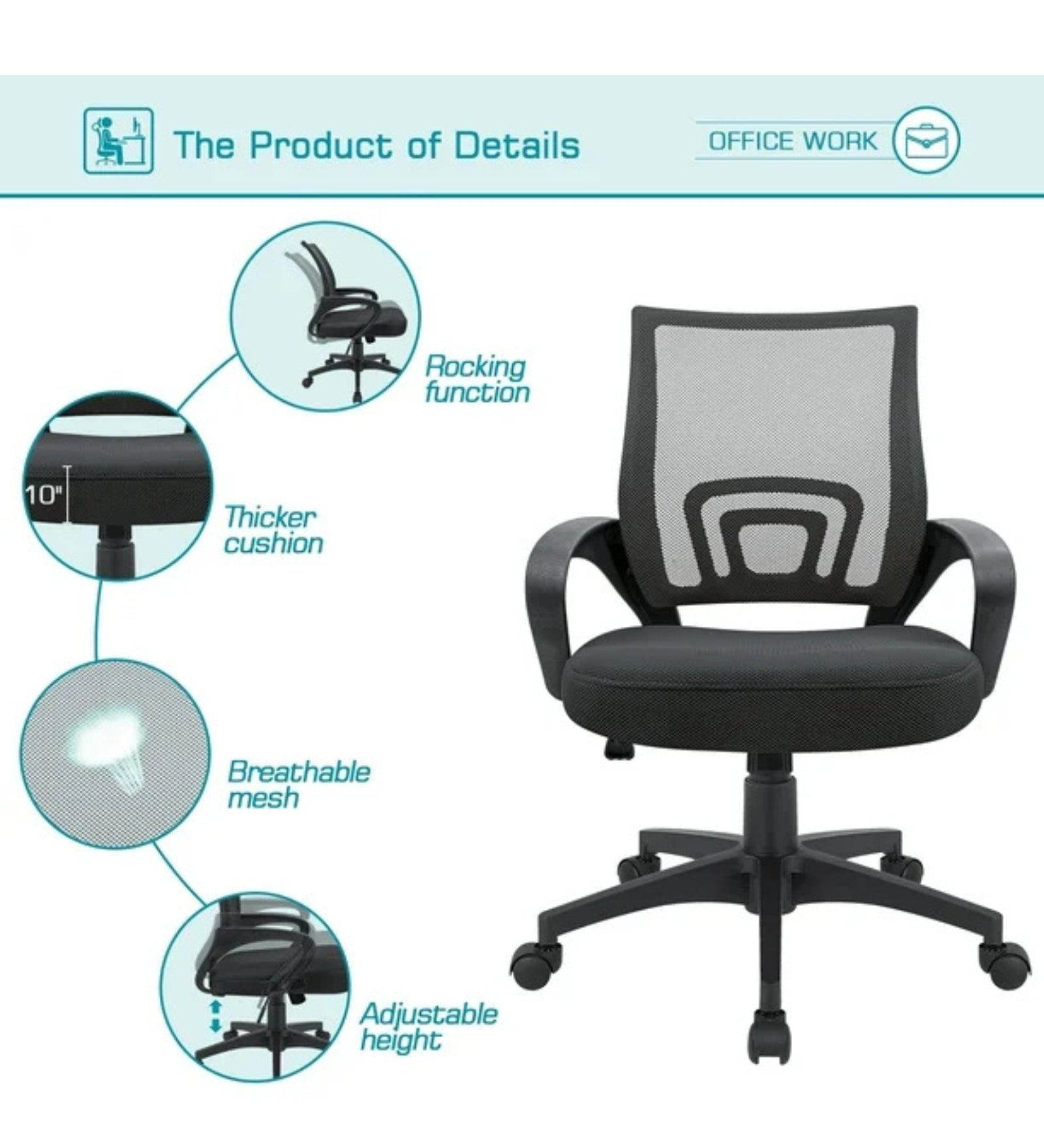 Panda Adjustable Mid Back Office Chair With Coco Black Colour - Febonic Living