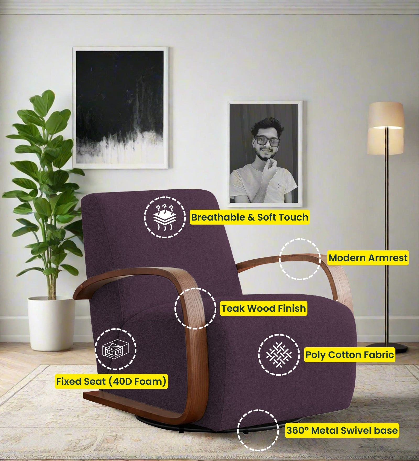 Balma Fabric Swivel Chair in Greek Purple Colour