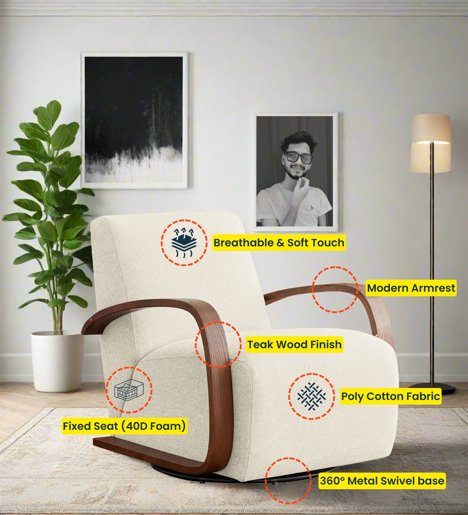 Balma Fabric Swivel Chair in Ivory Cream Colour