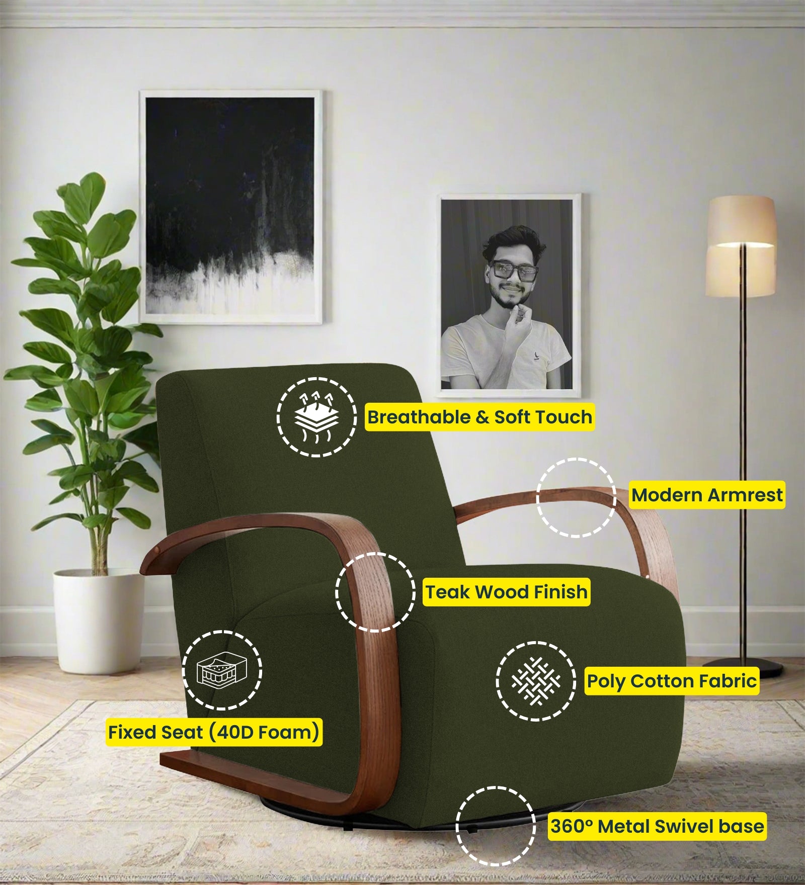 Balma Fabric Swivel Chair in Olive Green Colour