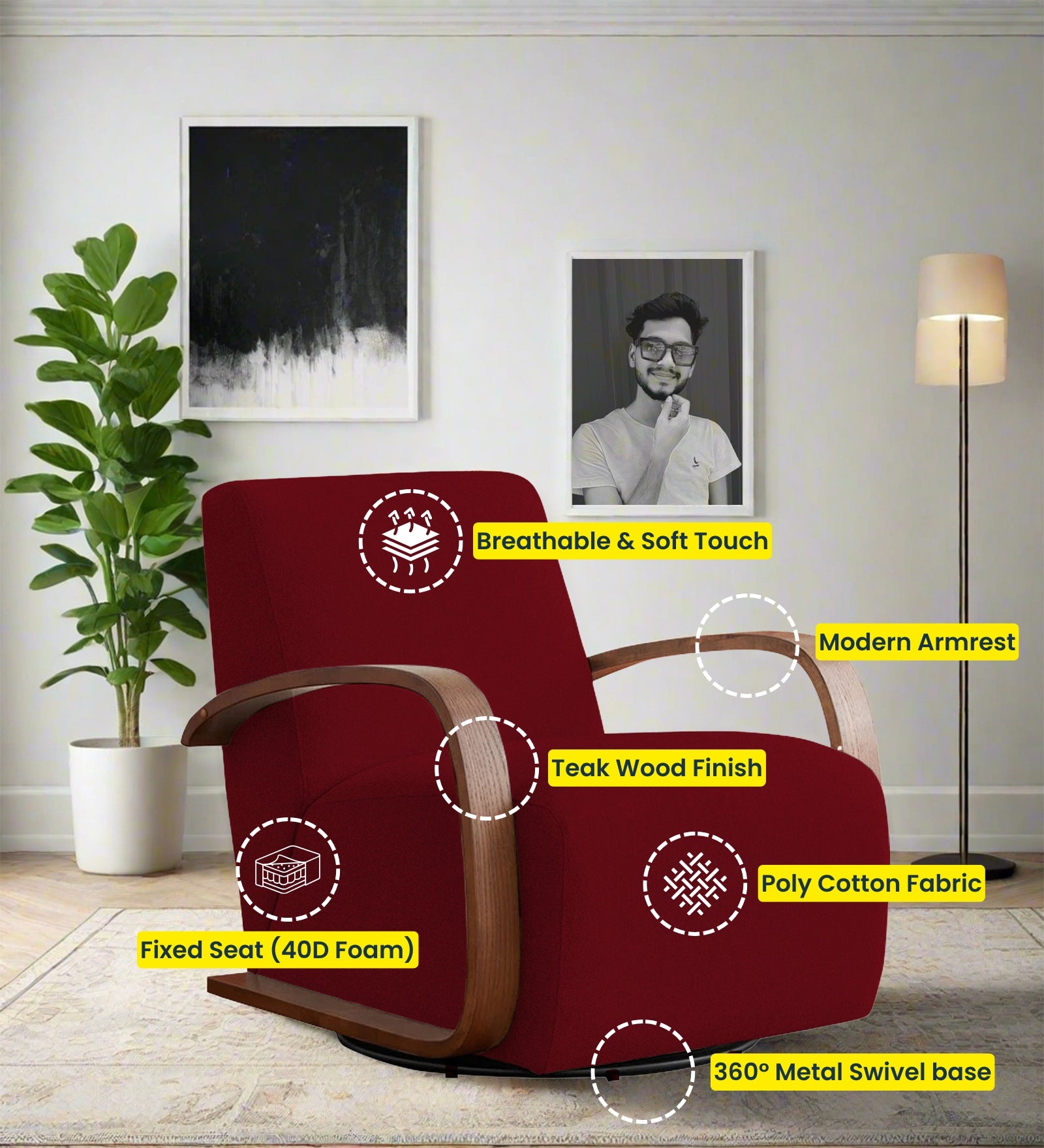 Balma Fabric Swivel Chair in Ruby Red Colour