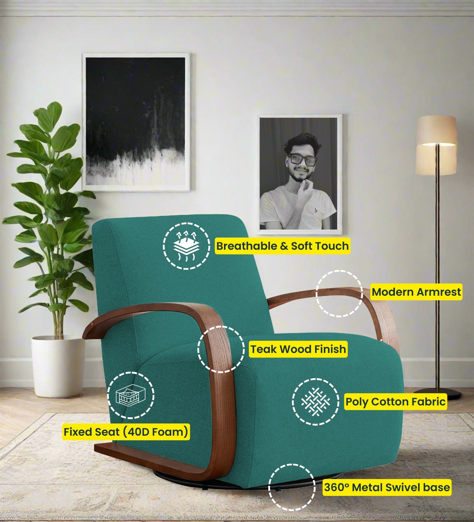 Balma Fabric Swivel Chair in Sea Green Colour