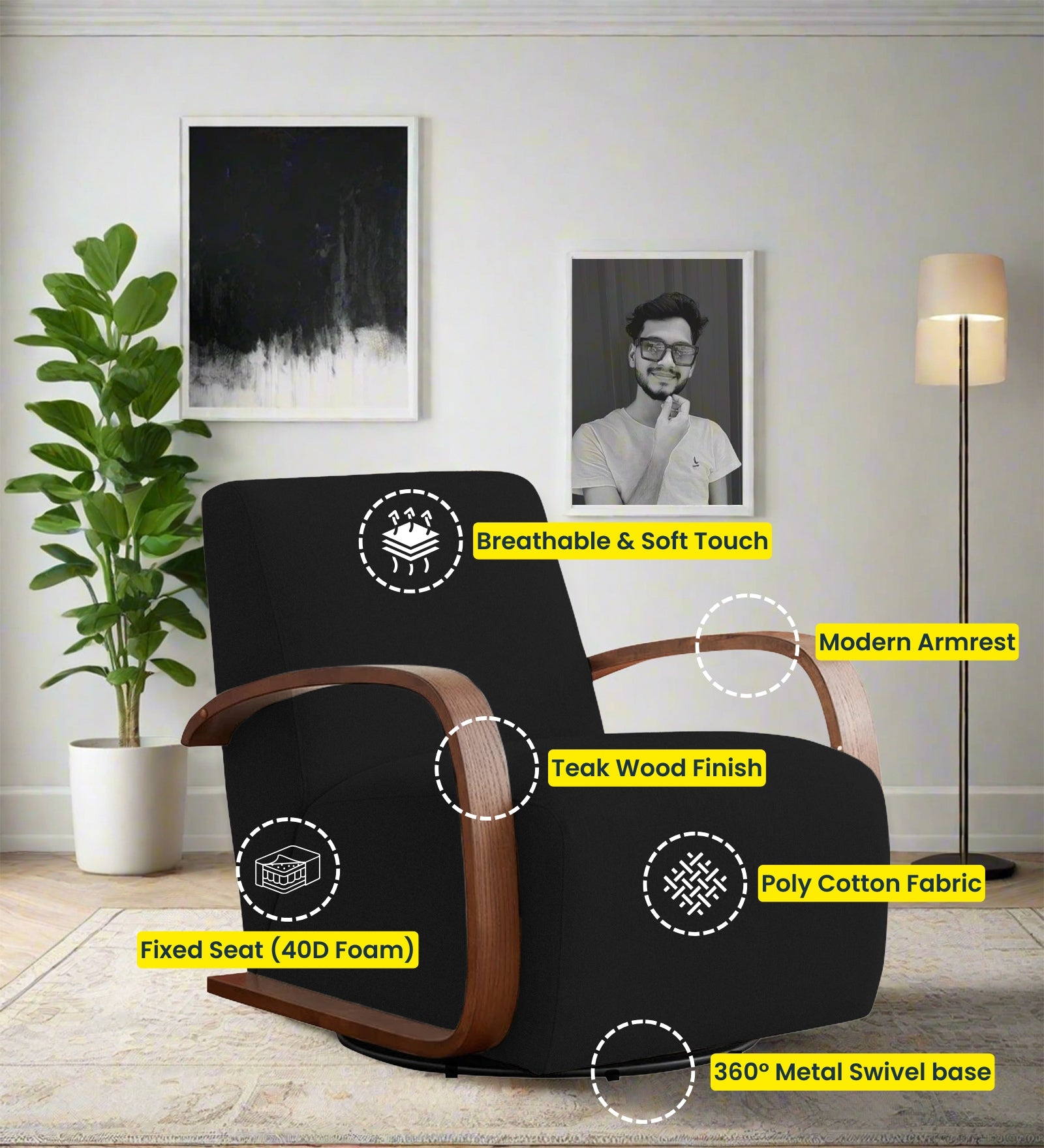 Balma Fabric Swivel Chair in Zed Black Colour