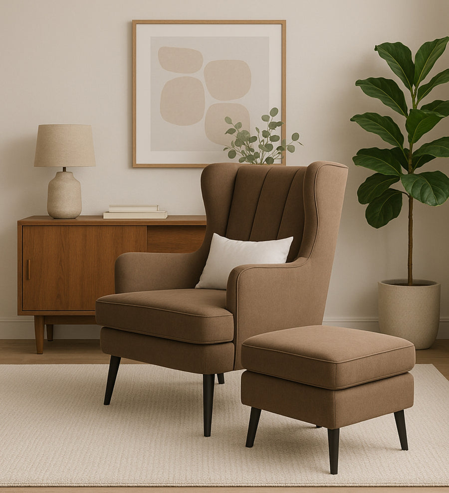 Niya Velvet Wing Chair In Mocha Mouse Colour With Ottoman - Febonic Living
