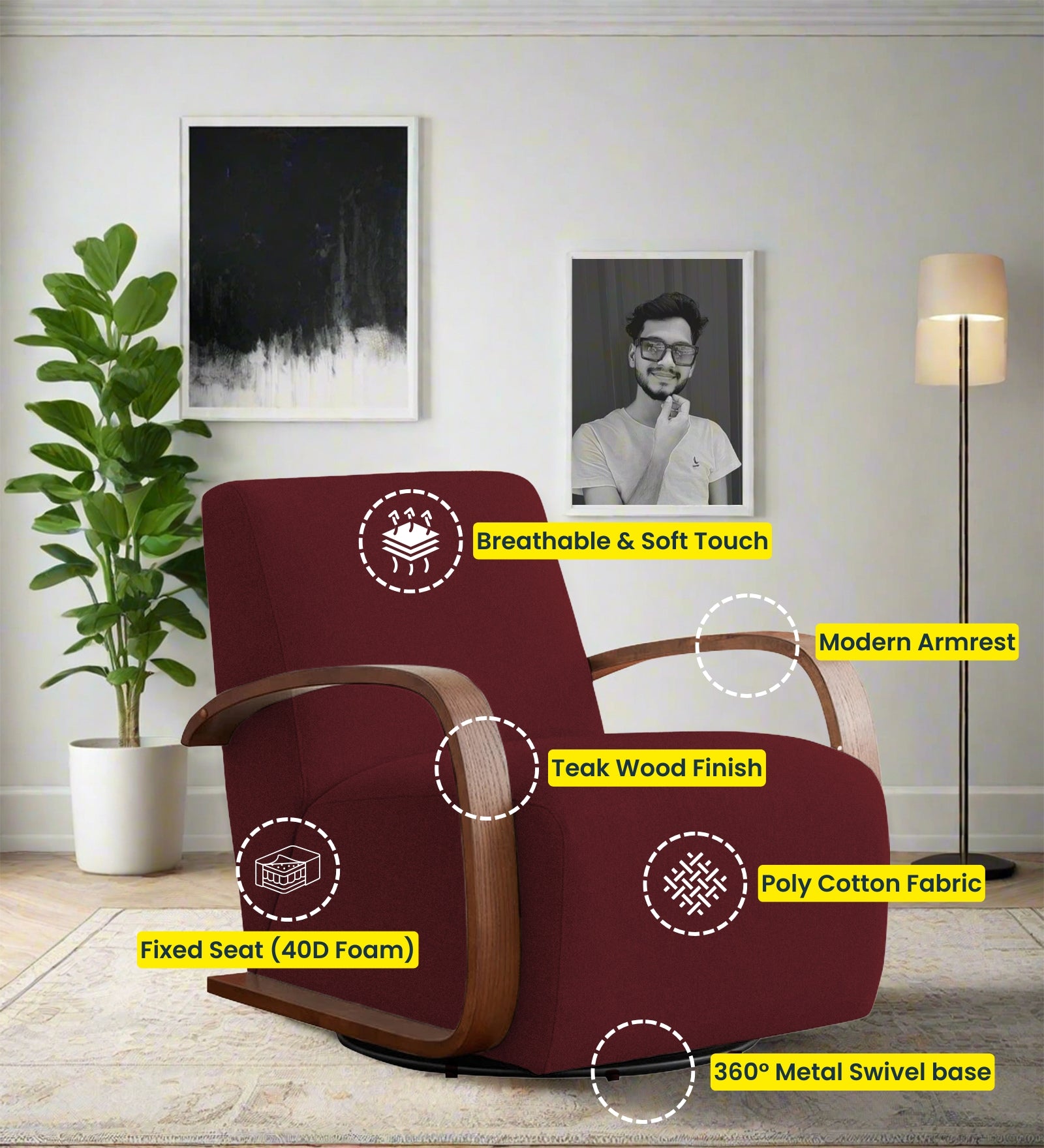Balma Fabric Swivel Chair in Blood Maroon Colour