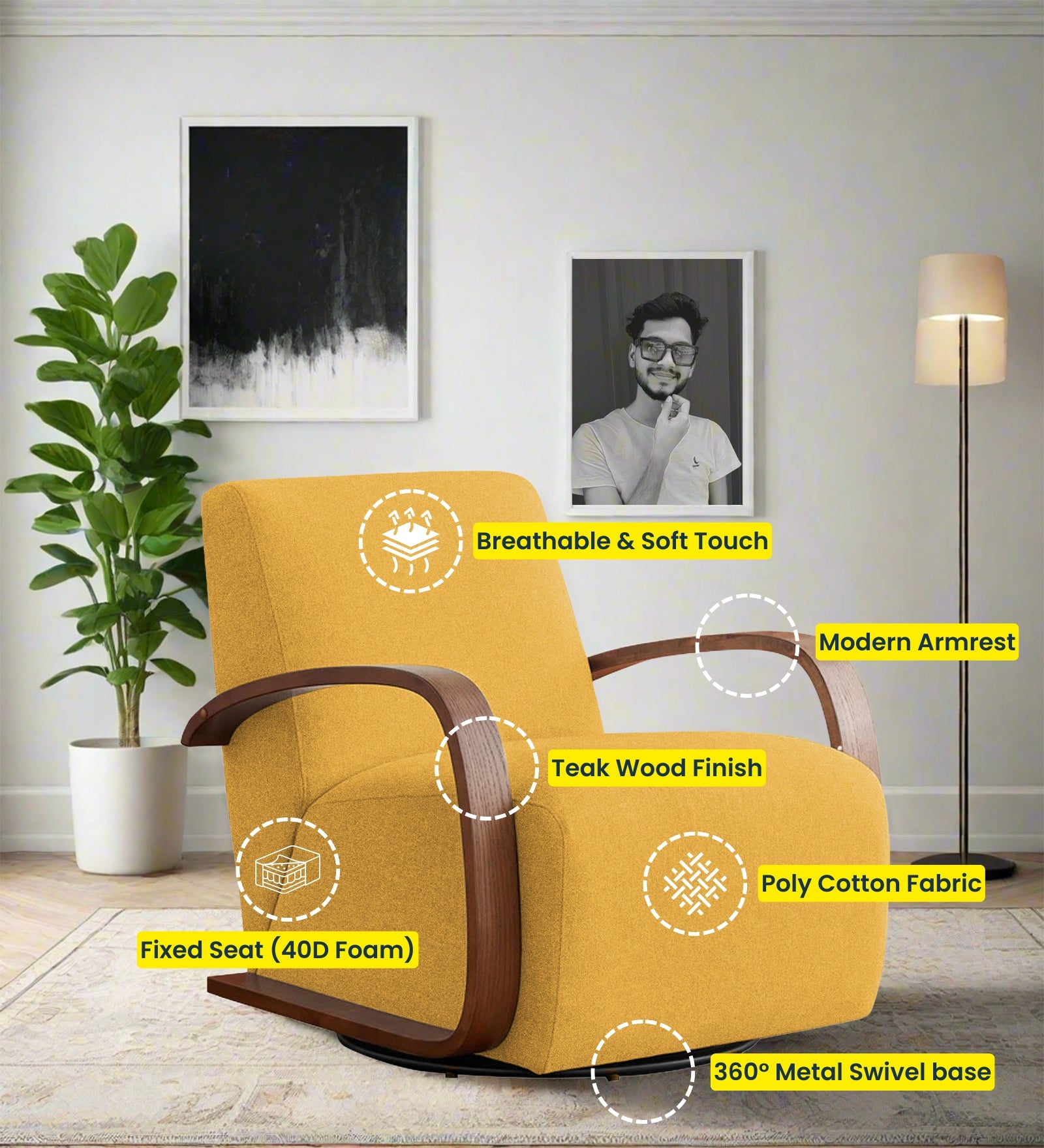 Balma Fabric Swivel Chair in Bold Yellow Colour