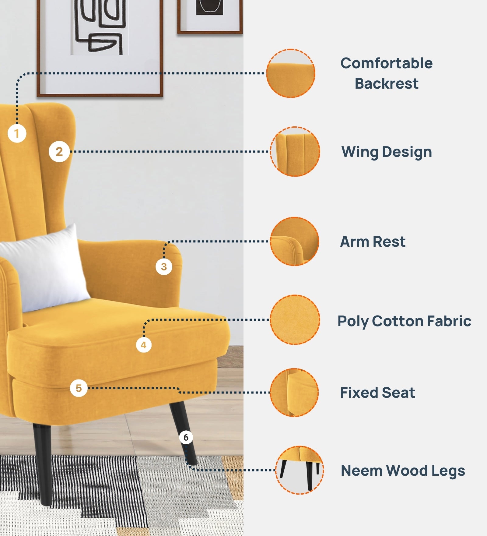 Niya Velvet 1 Seater Wing Chair in Safforn Yellow Colour