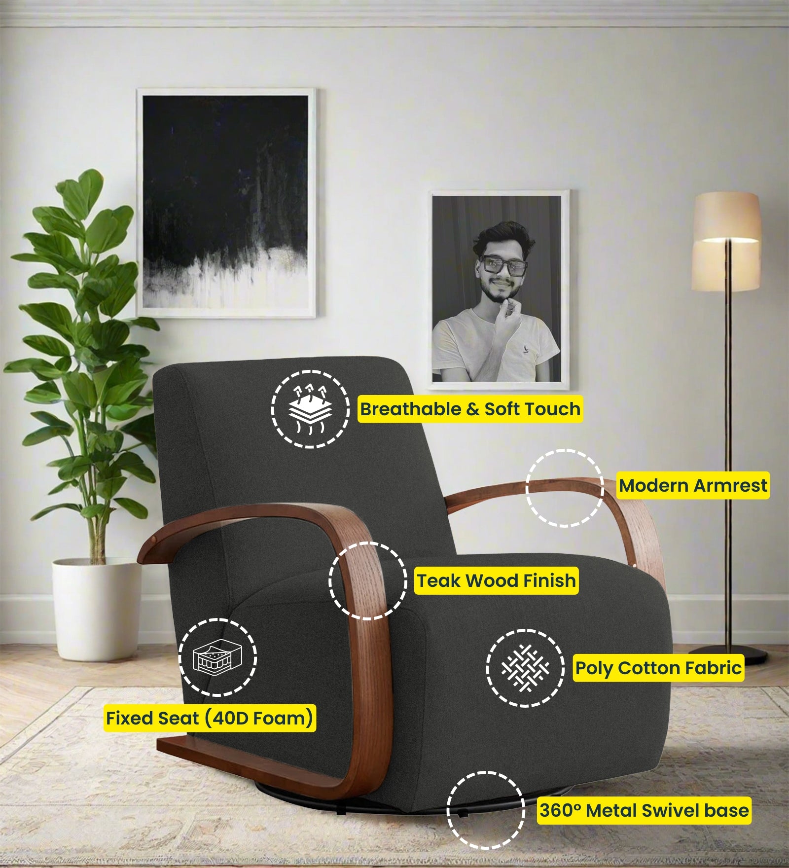 Balma Fabric Swivel Chair in Charcoal Grey Colour