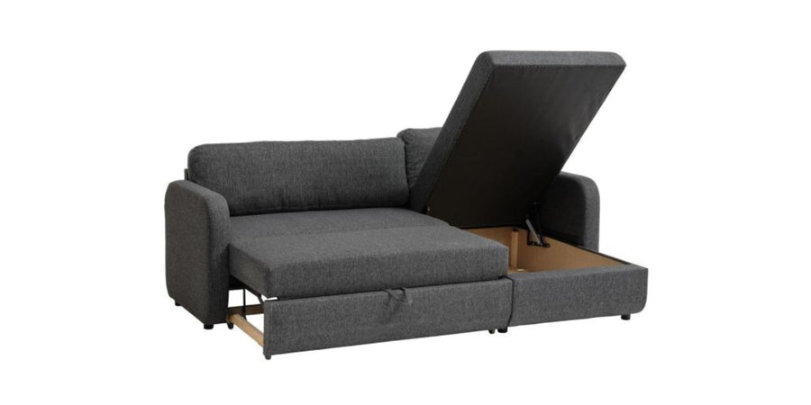 Bison Fabric 3 Seater Sectional With Pull Out Sofa Cum Bed In Charcoal Grey Colour - Febonic Living