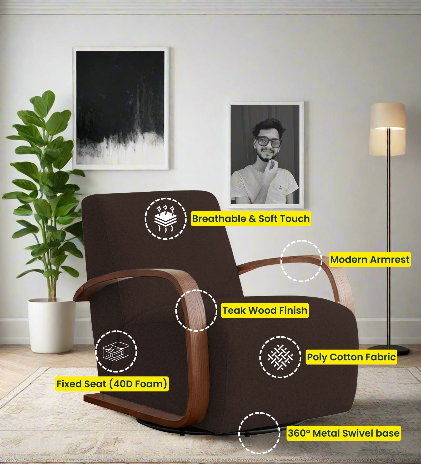 Balma Fabric Swivel Chair in Coffee Brown Colour