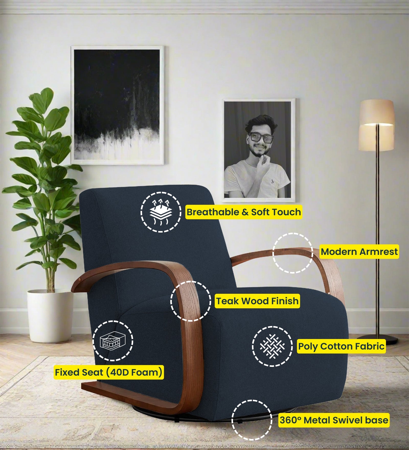 Balma Fabric Swivel Chair in Denim Blue Colour