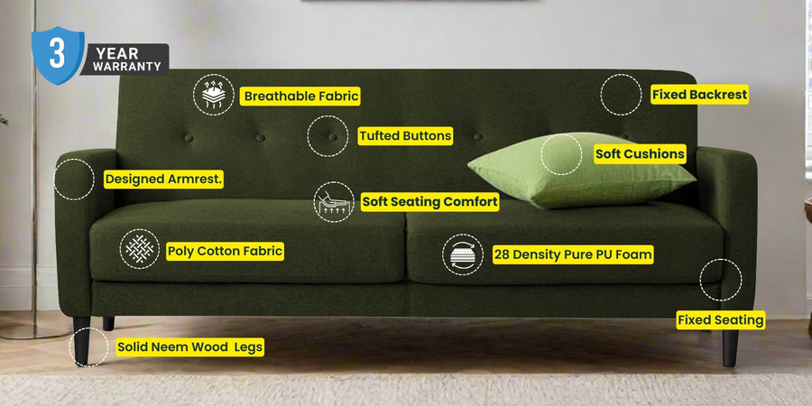 Marq Fabric 3 Seater Sofa In Sea Green Colour - Febonic Living